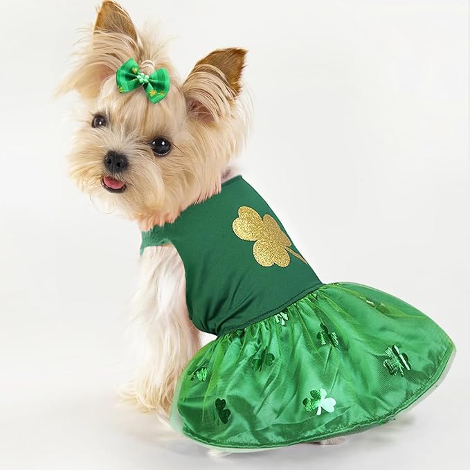 Idepet St. Patrick's Day Dog Dress with Bow Dog Tulle Skirt for Small Dog Girls Green Puppy Dress Cat Apparel Pet Holiday Outfits (Green, Medium)