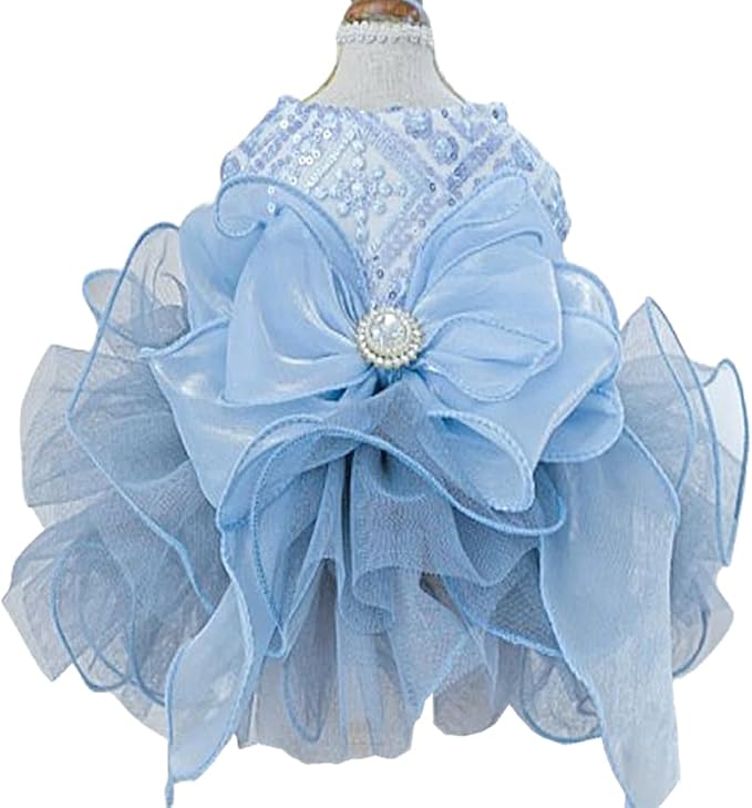 ANIAC Blue Cat Wedding Dress and Bow Dog Wedding Outfit Formal Puppy Clothes for Girl Small Dog Luxury Pet Party Dress for Kitten Chihuahua Yorkie Pomeranian (Blue-2, Medium)