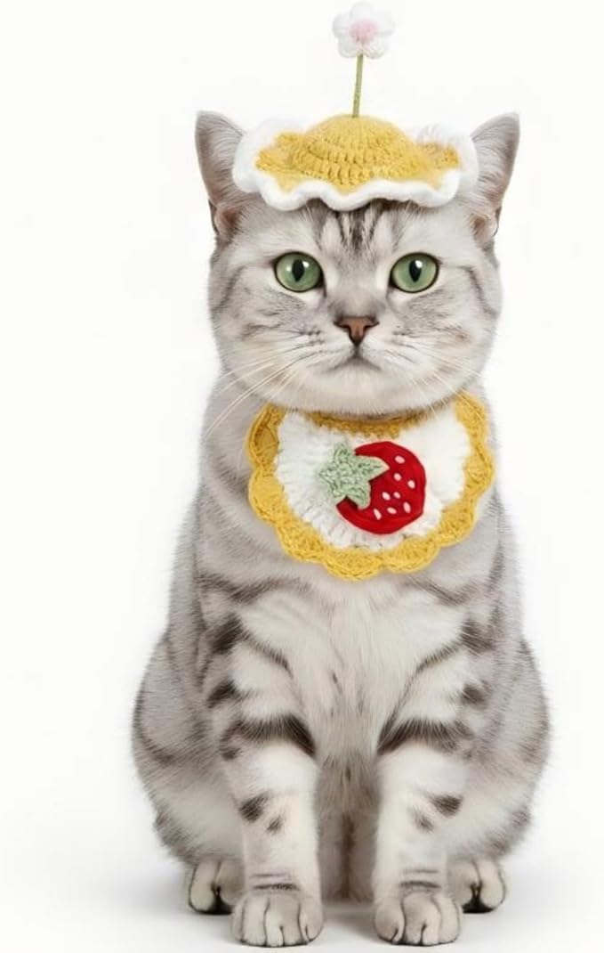 Handmade Cat Outfit – Yellow Flower Dog Hat & Strawberry Dog Costume for Cats,Rabbits and Small to Medium Dogs, Adjustable Cute Outfit for Cat Birthday, Holiday, Daily Wear & Photos