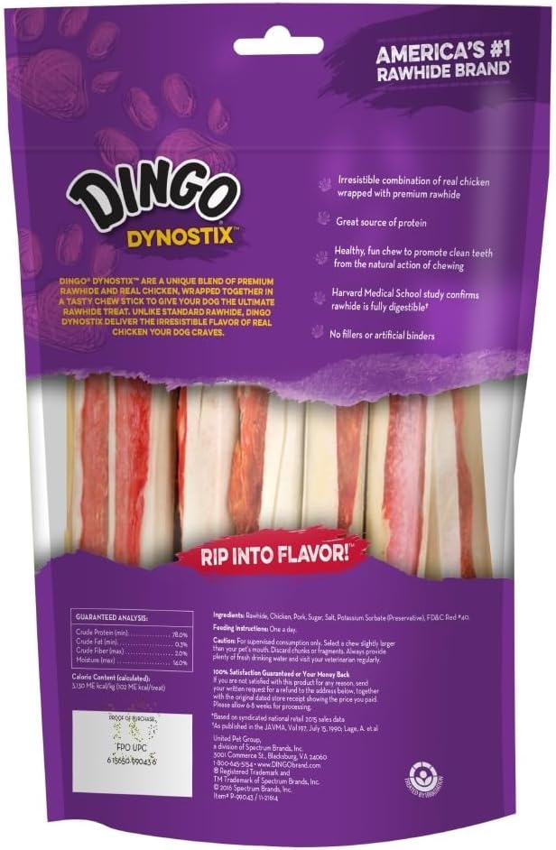 Dingo Dynostix Premium Rawhide Treats Made with Real Chicken, No Fillers or Artificial Binders, America's #1 Rawhide Brand 10-Count