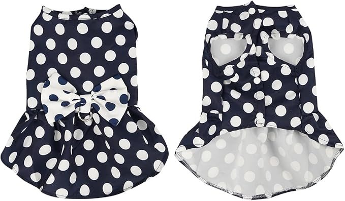 Cute Polka Dots Cat Small Dog Dress with Bow Tie Summer Clothes with D-Ring on The Back for Puppy Cat(Navy with White Dots, Medium)