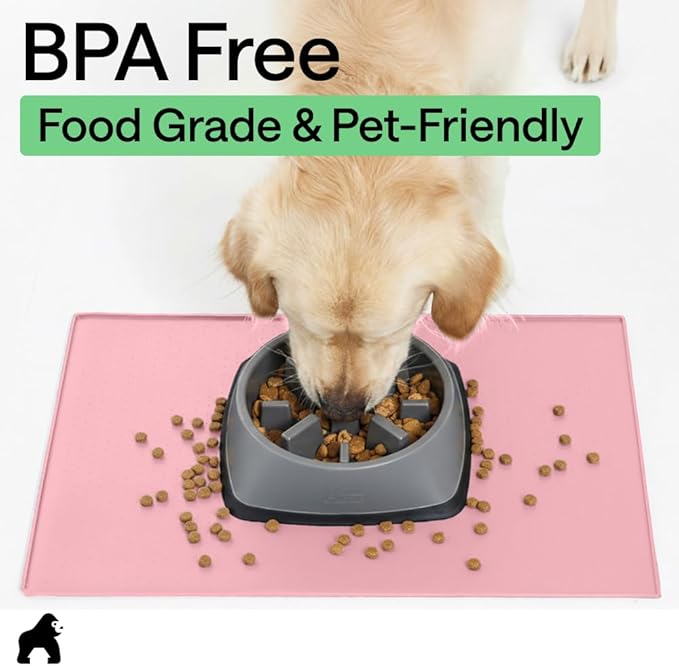 GORILLA GRIP 100% Waterproof Raised Edge BPA Free Silicone Pet Feeding Mat, Dog Cat Food Mats Contain Spills Protects Floors, Placemats for Cats and Dogs Water Bowl, Pets Accessories 28x18 Pink
