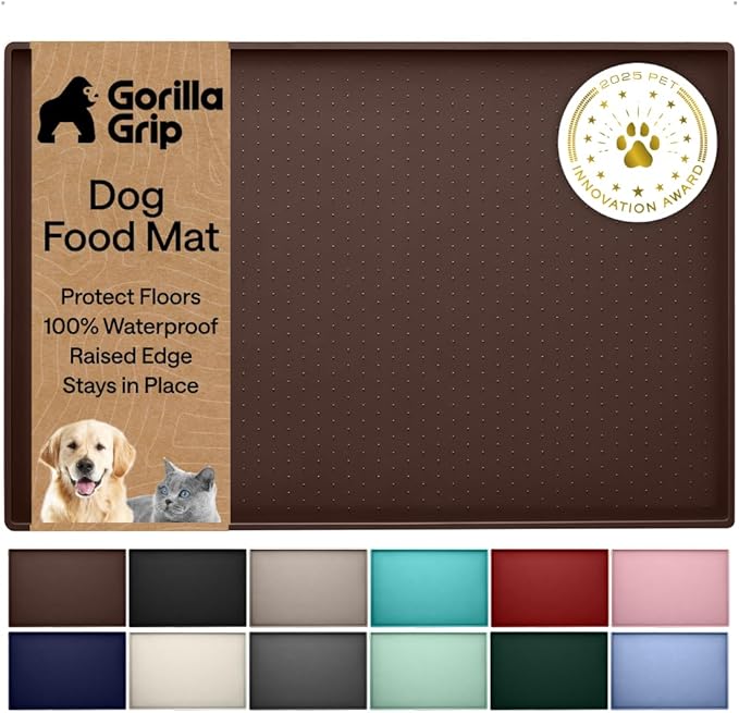 GORILLA GRIP 100% Waterproof Raised Edge BPA Free Silicone Pet Feeding Mat, Dog Cat Food Mats Contain Spills Protects Floors, Placemats for Cats and Dogs Water Bowl, Pets Accessories 28x18 Brown