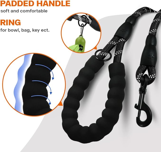 Taglory Rope Dog Leash 4 FT with Comfortable Padded Handle, Highly Reflective Threads Leash and Anti-Tangle Clip for Walking Medium Large Dogs, 1/2 inch, Black