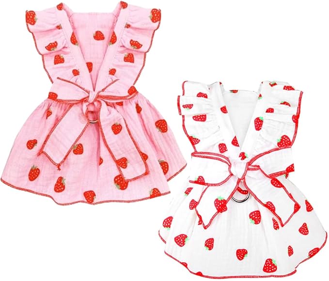 2 Pack Strawberry Dog Dresses with D-Ring Summer Puppy Clothes for Small Dog Girl Spring Cat Outfit Cotton Sleeveless Pet Dress for Kitten Chihuahua Pomeranian Yorkie (Pink,White, X-Large)