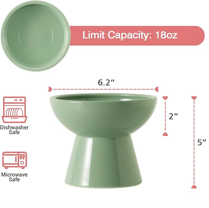 CEEFU Extra Wide Elevated Ceramic Cat Water Bowl - 6.2" Deeper Dish for Whisker Fatigue Relief, 5" Height for Easy Feeding, Lead & Cadmium Free, Durable Raised Cat Bowls, Green