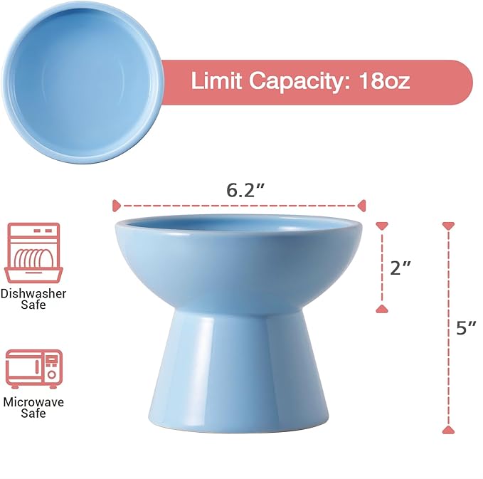 CEEFU Extra Wide Elevated Ceramic Cat Water Bowl - 6.2" Deeper Dish for Whisker Fatigue Relief, 5" Height for Easy Feeding, Lead & Cadmium Free, Durable Raised Cat Bowls, Blue