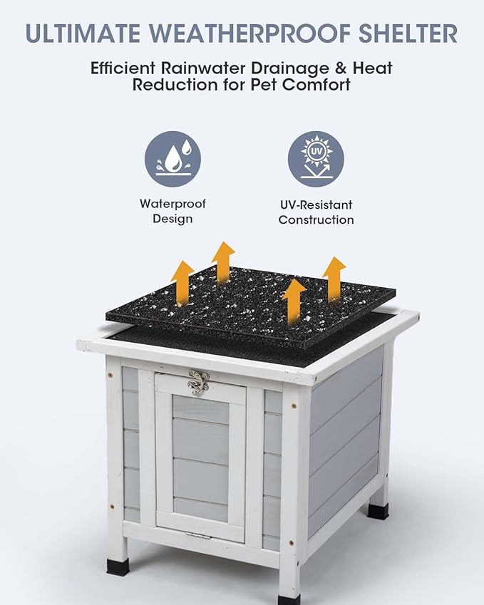 SANDINRAYLI Outdoor Cat House Weatherproof, Wooden Rabbit Hutch Bunny Cage Chicken Coops Shelter with Elevated Floor for Feral Cat/Bunny/Guinea Pig/Duck, Grey