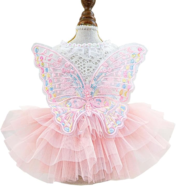 ANIAC Butterfly Dog Dress with Pink Tutu Funny Dog Clothes with Wing Girl Puppy Dress for Small Dogs Pet Butterfly Costume Holiday Cat Outfit for Halloween Birthday Wedding (Pink, X-Large)
