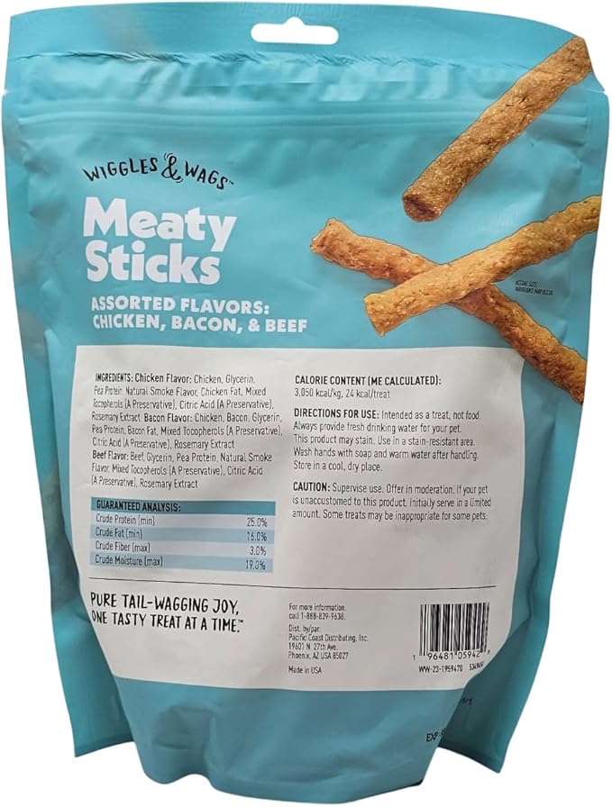 Wiggles & Wags Meaty Sticks Assorted Chicken, Bacon and Beef Flavor Dog Treats, 1 Pound Bag