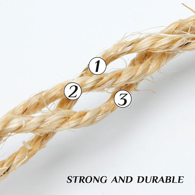 Natural Sisal Rope 1/4 Inch by 32-Feet for Cat Scratching Post Tree Tower Replacement Repair and Replace, DIY Hemp Twine Rope for Kittens Shelves Furniture Window Bed Perch House, 6mm by 10m