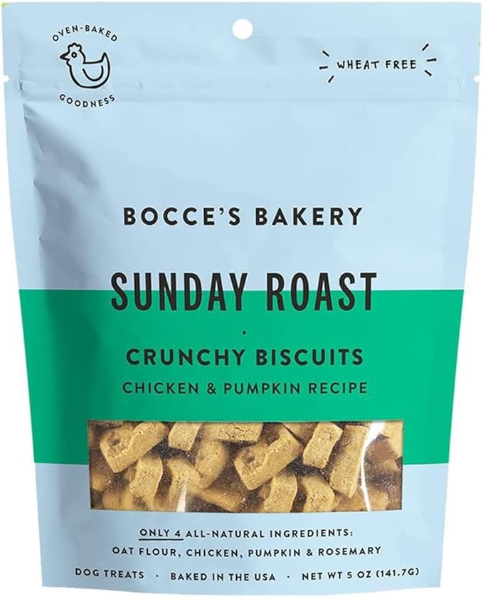 Bocce's Bakery Oven Baked Sunday Roast Treats for Dogs, Everyday Wheat-Free Dog Treats, Made with Real Ingredients, Baked in The USA, All-Natural Chicken & Pumpkin Biscuits, 5 oz