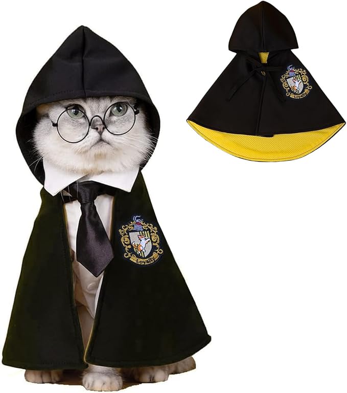 Cat Halloween Costume - Pet Wizard Costumes Mantle Magician Cosplay Clothes with Bowtie & Glasses Set, Festival Party Apparel for Small Pets Cats Dogs