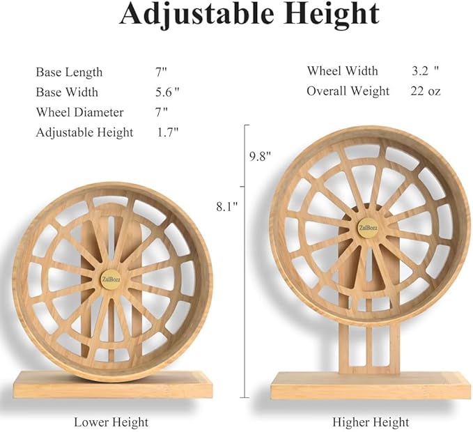 Silent Hamster Wheels Quiet Hamster Running Wheels 7″ Bamboo Wood Hamster Exercise Wheels with Adjustable Height for Young Syrian Hamsters, Campbell Dwarf, Roborovski, Gerbils and Mice