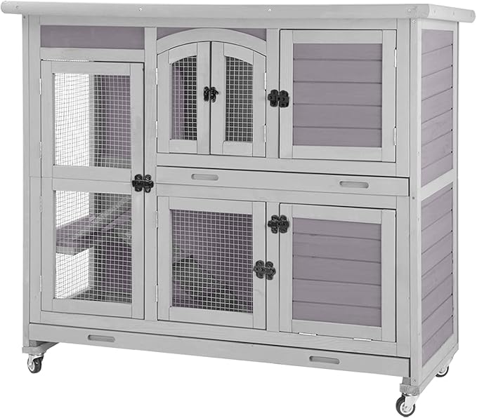 AIVITUVIN Rabbit Hutch Indoor Rabbit Cage Outdoor Two Story Bunny Cage Bunny Hutch Pull Out Tray Guinea Pig Cage on Wheel