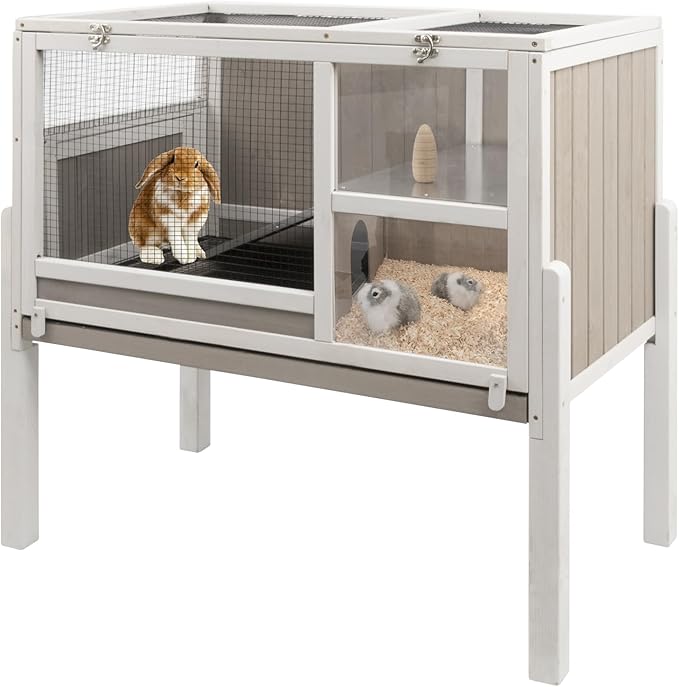 Gowoodhut Elevated Guinea Pig Cage 36.6" H Wooden Outdoor Rabbit Hutch with Wire Netting Above The Pull Out Tray, Detachable Legs Hamster Cage Pet House for Small Animals, Grey