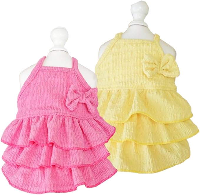 2 Pack Summer Dog Dresses with Bow Girl Puppy Clothes for Small Dog Spring Cat Outfit Sleeveless Pet Tiered Layered Cake Dress for Kitten Chihuahua Pomeranian Yorkie (Pink Yellow, Medium)