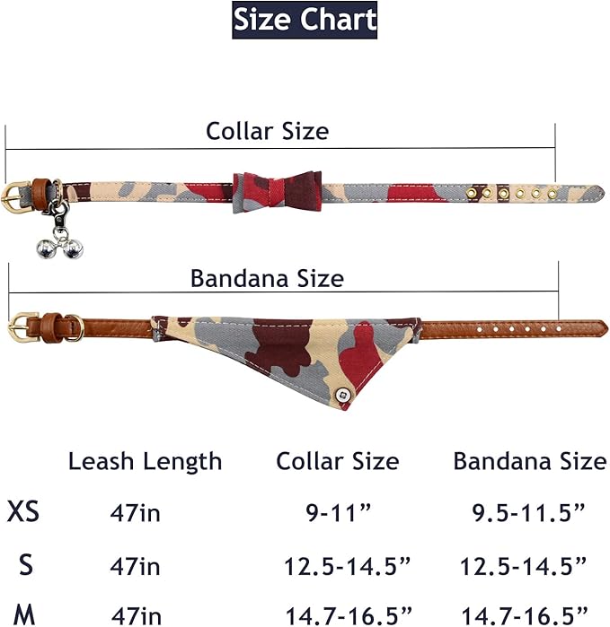 3PCS Bow Tie Dog Collar and Leash Set Plaid/Camo/Dots/Flower Dog Bandanas with Bell 3 Size Adjustable for Small Dogs Puppies and Cats (S, Camo 2)