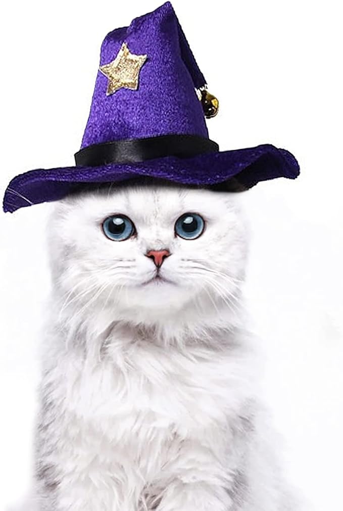 NAMSAN Cat Witch Hat, Funny Cat Halloween Costumes, Doggy Wizard Hat Outfit with Bell, Sorcerer Hat for Cats Small Dogs Cosplay
