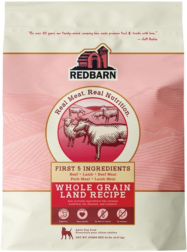 Redbarn Whole Grain Adult Dry Dog Food Kibble - Land Beef Recipe - Made in USA No Chicken Recipe with Functional Ingredients to Support Healthy Heart, Skin, Coat, Immunity & Digestion - 22lb