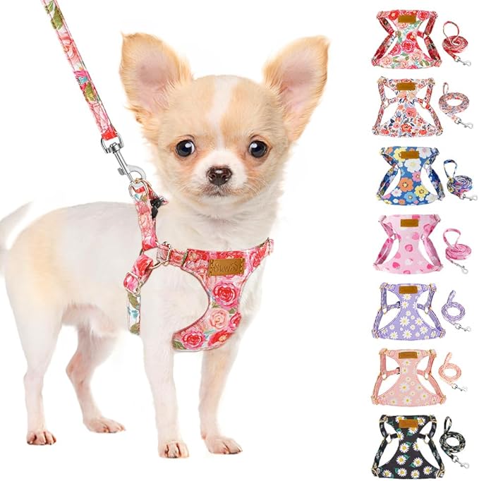 SlowTon Dog Harness Small Sized Dog - Soft XXS Dog Harness and Leash Set No Pull No Chock, Adjustable Lightweight Puppy Harness for XS Small Medium Dogs Cats (Pink Rose, M)