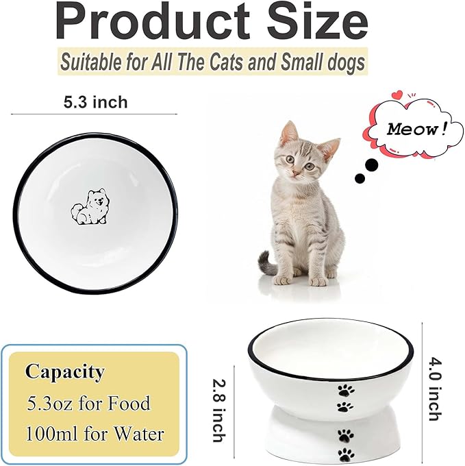 Anti-Rollover Elevated Ceramic Cat Bowls Holding Food and Water with A Cute Puppy Sideways Pattern, Black Border, Suitable for Small Dogs and Pets