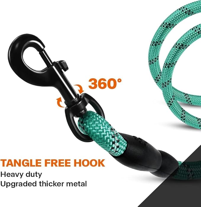 Taglory Rope Dog Leash 4 FT with Comfortable Padded Handle, Highly Reflective Threads Leash and Anti-Tangle Clip for Walking Medium Large Dogs, 1/2 inch, Turquoise