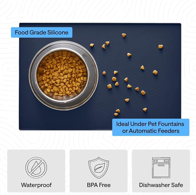 GORILLA GRIP 100% Waterproof Raised Edge BPA Free Silicone Pet Feeding Mat, Dog Cat Food Mats Contain Spills Protects Floors, Placemats for Cats and Dogs Water Bowl, Pets Accessories 16x10, Navy