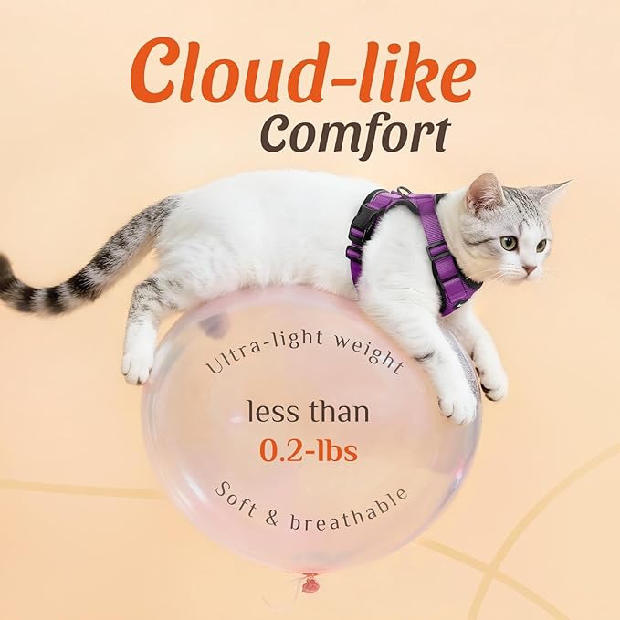 Dooradar Cat Harness and Leash Set, Escape Proof Safe Adjustable Kitten Vest Harnesses for Walking, Easy Control Soft Breathable Mesh Jacket with Reflective Strips for Cats, Purple, M