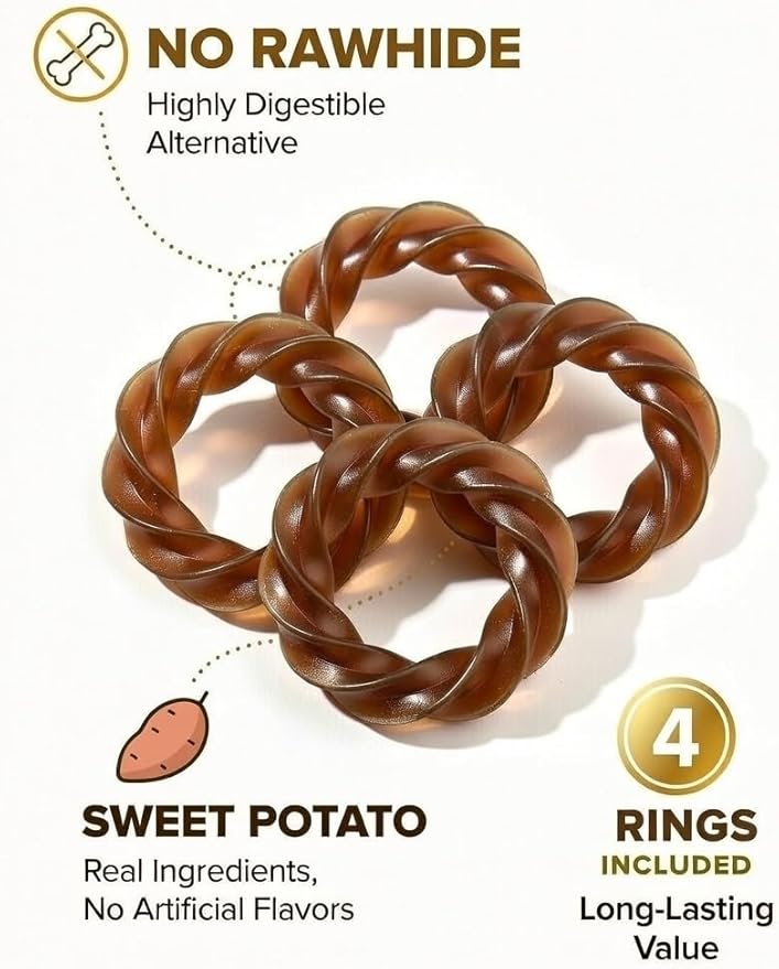 No Rawhide Puppy Teething Rings – Sweet Potato (4 Rings) Grain Free Rawhide Alternative Teething Treats for Puppies