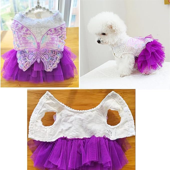 ANIAC Butterfly Dog Dress with Purple Tutu Funny Doggy Clothes with Wing Girl Puppy Dress for Small Dogs Pet Butterfly Costume Holiday Cat Outfit for Halloween Birthday Wedding (Purple, X-Large)