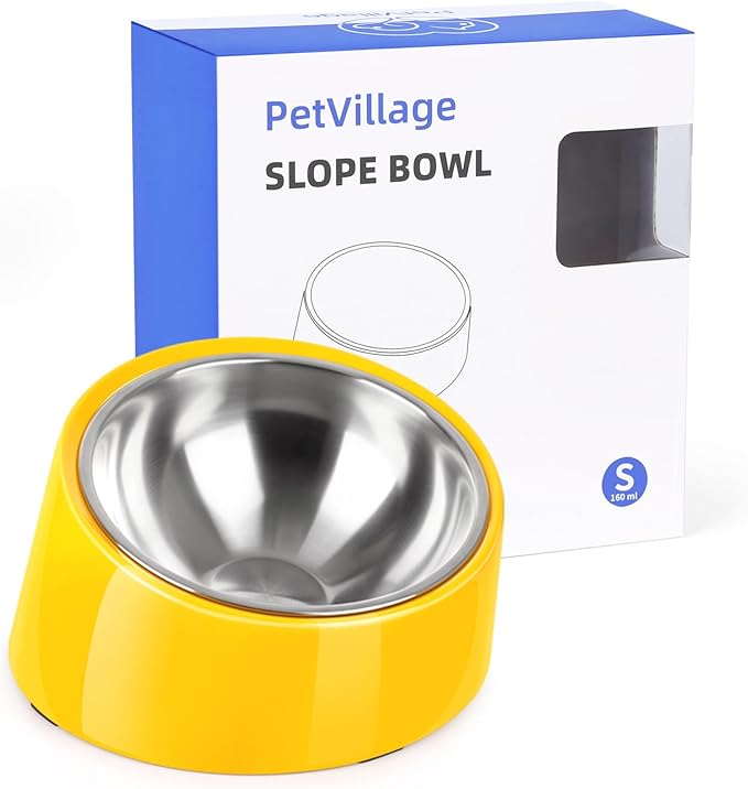 Tilted Dog Bowl Non-Slip & Non-Spill Pet Feeder with Elevated Detachable Melamine Stand, Easy to Get Food Dog Dish, S/100ml Yellow