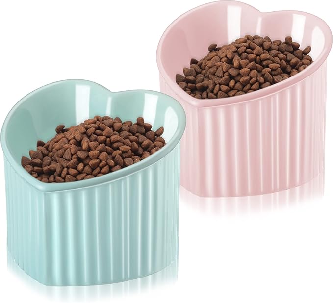 Mumufy 2 Pcs Ceramic Elevated Cat Bowls Tilted Elevated Raised Pet Bowls Anti Vomit Cat Dish for Indoor Stress Free Water Dish Feeder for Puppies, Heart Shaped(Macaron Blue, Pink)