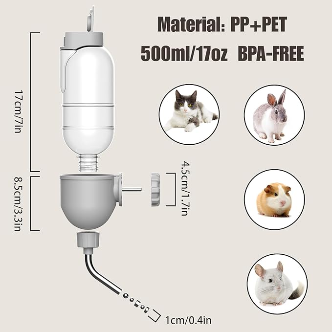 Automatic Pet Food Water Dispenser, Auto Gravity Pet Feeder Water Bottle Set for Crate Cage for Puppy Cat Rabbit Guinea Pigs Chinchilla Ferret Hedgehog (Grey)