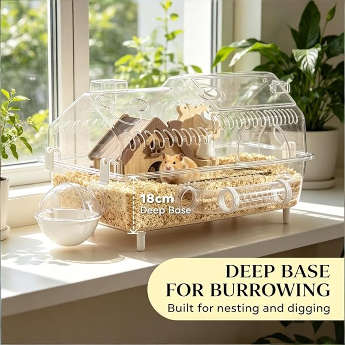 Clear Acrylic Hamster Cage, Villa-Style with Natural Wood Accessories, 8-in-1 Setup, 21.5" x 11.8" x 12.6