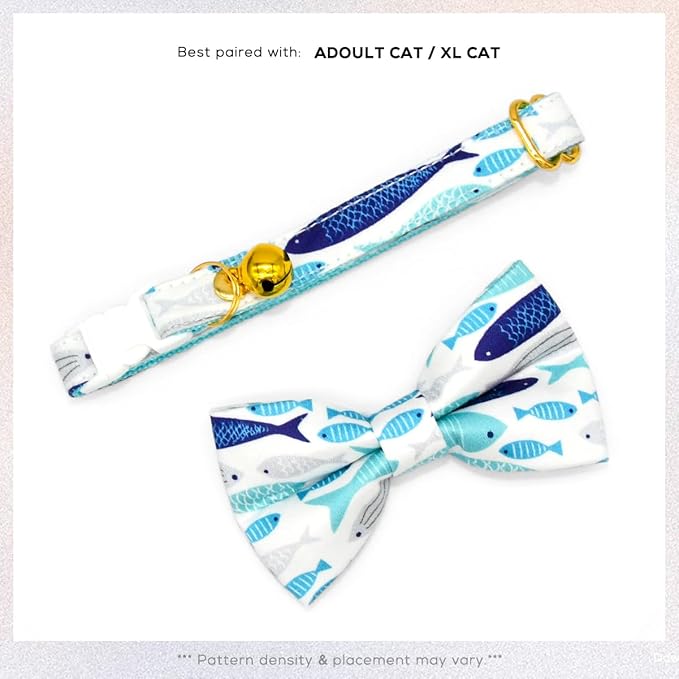 Fish Cat Bow Tie Collar, Blue Cat Collar, Breakaway with Bell, Wedding/Birthday Cat Accessories