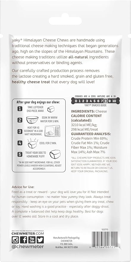 Chewmeter Himalayan Yaky Cheese Chew, 100% Natural, Long Lasting, Gluten Free, Healthy & Safe Dog Treats, Lactose & Grain Free, Protein Rich, Stain Free, Large, for Dogs 55 Lbs & Smaller, 3.3 oz