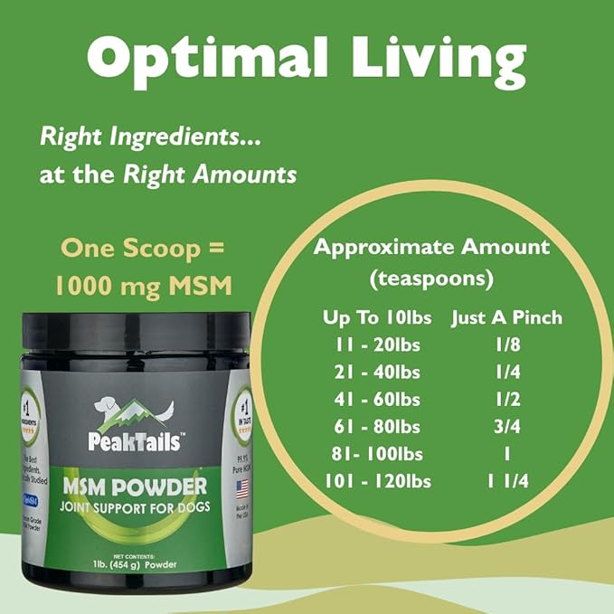 KALA HEALTH PeakTails MSM Powder for Dogs – 1 lb, Pure Organic Sulfur, Supports Joint Health, Mobility & Comfort – US-Sourced MSM, Flavorless Powder
