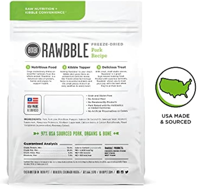 BIXBI Liberty Freeze-Dried Dog Food Topper & Treats, Pork – 97% Meat & Organs, No Refrigeration – USA Made, 4.5 oz