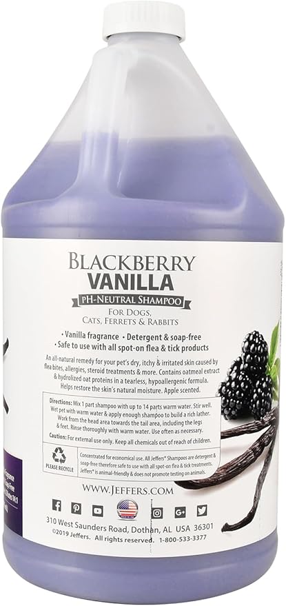 Jeffers Pet BlackBerry Vanilla Shampoo for Dogs & Cats, 128 oz – Coconut Based Soap Free Grooming Shampoo, pH Balanced Pet Wash, BlackBerry Tinted Vanilla Scent, Gentle Cleanser for Puppies & Kittens