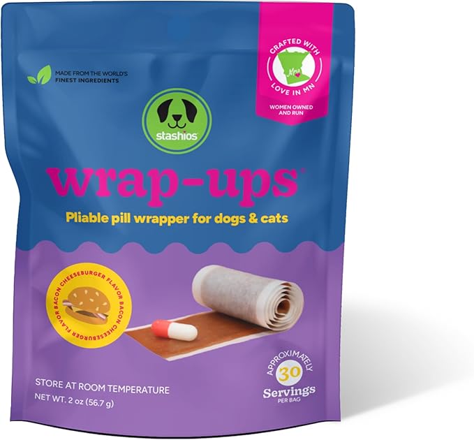Stashios: Wrap-Ups: Pill Wrapper - Bacon Cheeseburger - 30 Servings Bag, Dogs & Cats, Treat Hides Any Size Pills, All Natural Limited Ingredients, USA
