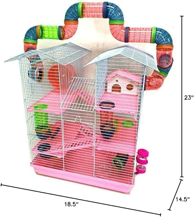 Large Pink 5-Floors Twin Tower Syrian Hamster Rodent Gerbil Mouse Mice Rat Cage with Crossover Tube Tunnel