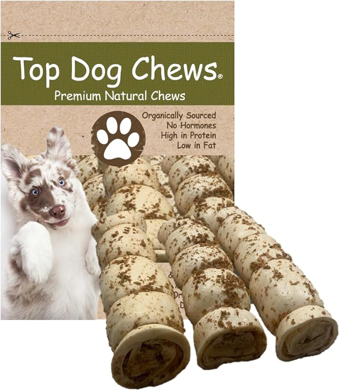Top Dog Chews – 10” – 12” Buffalo Beef Cheek Rolls with Bully Dust Sprinkles, 3 Pack, Long Lasting Dog Bones for Aggressive Chewers, Rawhide Free Dog Treats (10" 3 Pack, Roasted)