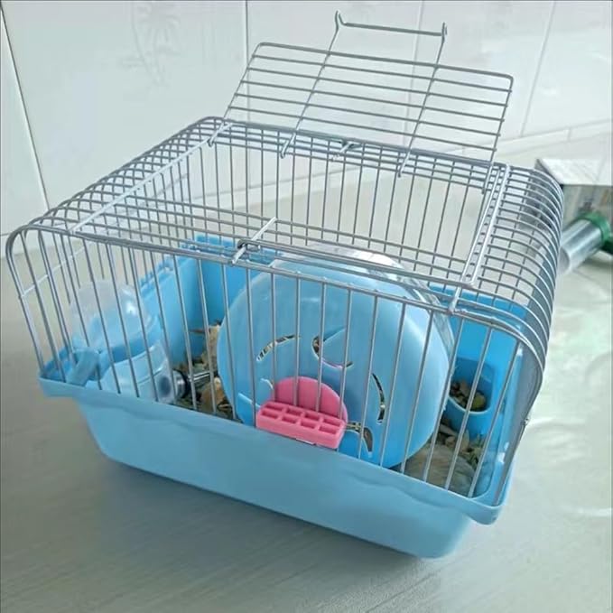 Small Pet Hamster Cage with Running Wheel Water Bottle Food Basin Portable Carrier House Mice Home Habitat for Going Out, Traveling (Blue)