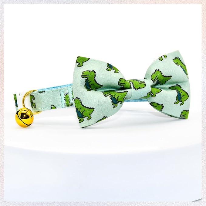 Sage Dinosaur Cat Collar Bow Tie with Bell, Breakaway Safety Cat Collar, Wedding/Birthday Cat Accessories