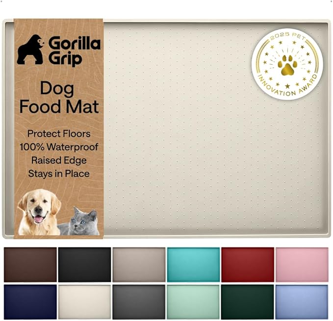 GORILLA GRIP 100% Waterproof Raised Edge BPA Free Silicone Pet Feeding Mat, Dog Cat Food Mats Contain Spills Protects Floors, Placemats for Cats and Dogs Water Bowl, Pets Accessories 18.5x11.5 Cream