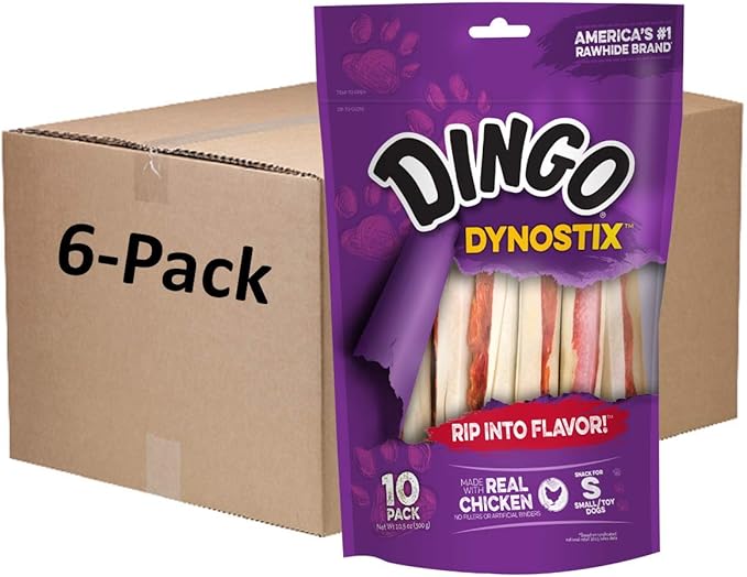 Dingo DynoStix 10 Count, Rawhide Sticks For Small Dogs, Made With Real Chicken, Pack of 6