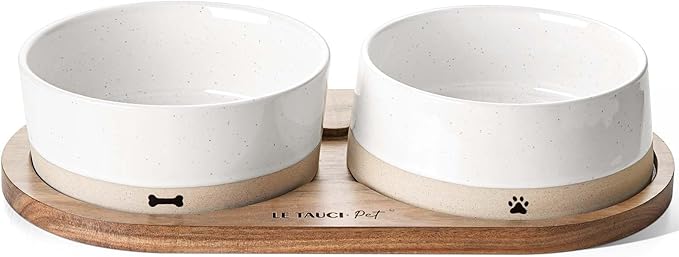 LE TAUCI PET Ceramic Dog Bowls for Medium and Small Dogs - 3.2 Cup Weighted Non-Slip Food and Water Bowls with Acacia Wood Tray, Pet Bowl Set of 2