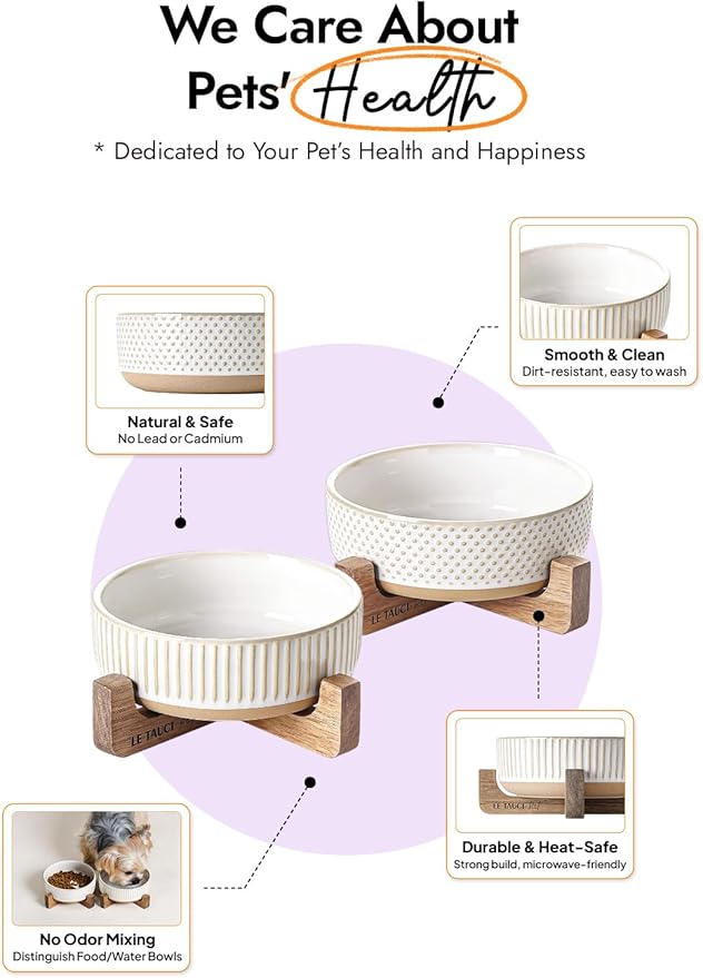 LE TAUCI PET Ceramic Dog and Cat Bowl Set with Acacia Wood Stand - 2 Cup Weighted Non-Slip Food and Water Bowls for Small Dogs & Cats, Lines + Dot