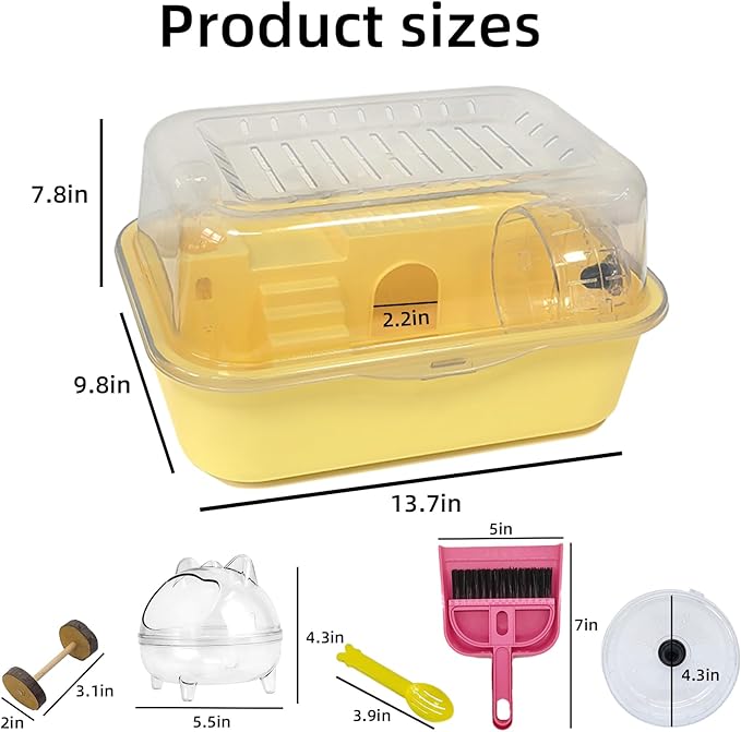 Hamiledyi Dwarf Hamster Cage Clear Plastic Small Hamster Cage Portable Carrier with Water Bottle Exercise Wheel Bathtub Box Set Toy for Dwarf Baby Hamster (Yellow)